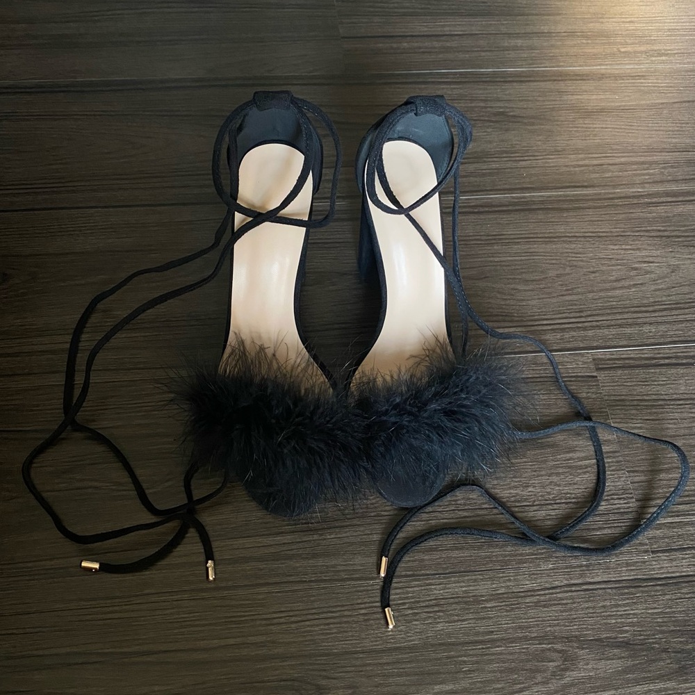 Sleek Black Lace-Up Feathered Heels